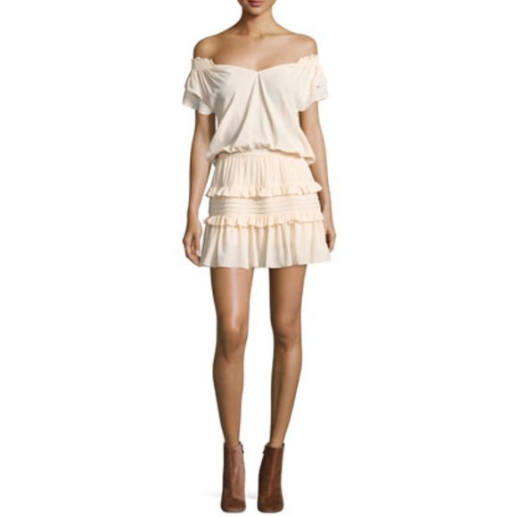 Ba&sh Lini Off-the-Shoulder Tiered Ruffle Mini Dress Pale Pink Sz 4 - Picture 1 of 9